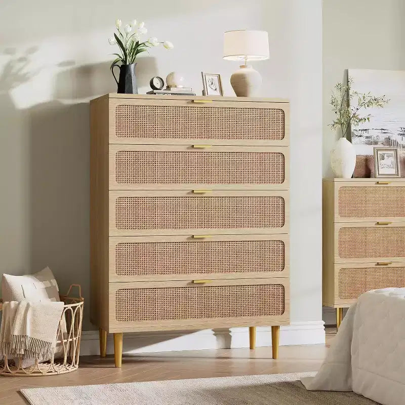 Commode haute en rotin à 5 tiroirs, grand chiffonnier, meuble de rangement en bois sur pied pour chambre, placard, salon