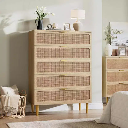 Commode haute en rotin à 5 tiroirs, grand chiffonnier, meuble de rangement en bois sur pied pour chambre, placard, salon