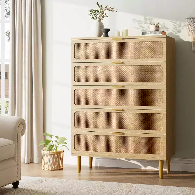 Commode haute en rotin à 5 tiroirs, grand chiffonnier, meuble de rangement en bois sur pied pour chambre, placard, salon