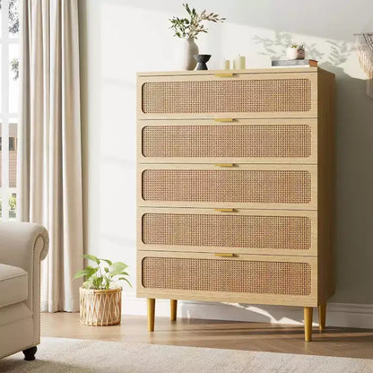 Commode haute en rotin à 5 tiroirs, grand chiffonnier, meuble de rangement en bois sur pied pour chambre, placard, salon