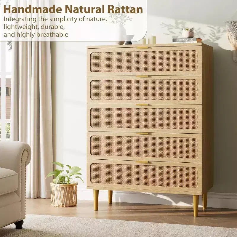 Commode haute en rotin à 5 tiroirs, grand chiffonnier, meuble de rangement en bois sur pied pour chambre, placard, salon