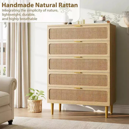 Commode haute en rotin à 5 tiroirs, grand chiffonnier, meuble de rangement en bois sur pied pour chambre, placard, salon