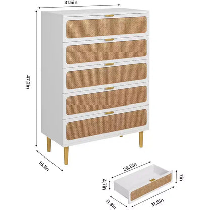 Commode haute en rotin à 5 tiroirs, grand chiffonnier, meuble de rangement en bois sur pied pour chambre, placard, salon