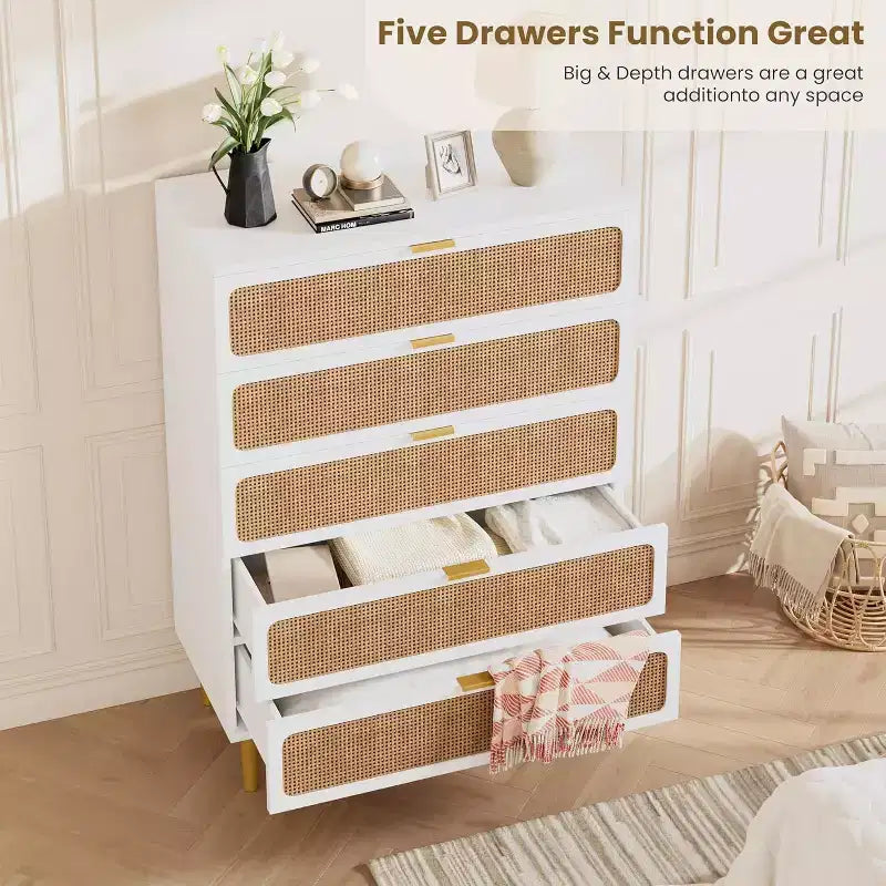 Commode haute en rotin à 5 tiroirs, grand chiffonnier, meuble de rangement en bois sur pied pour chambre, placard, salon