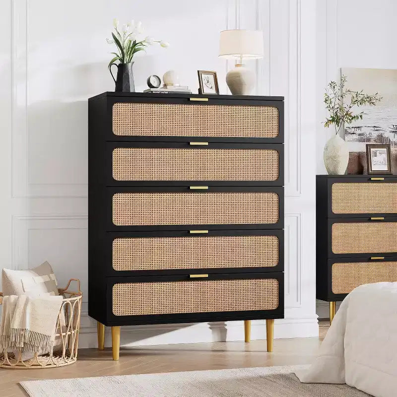 Commode haute en rotin à 5 tiroirs, grand chiffonnier, meuble de rangement en bois sur pied pour chambre, placard, salon