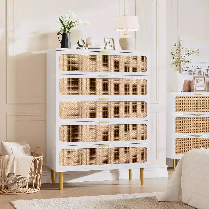 Commode haute en rotin à 5 tiroirs, grand chiffonnier, meuble de rangement en bois sur pied pour chambre, placard, salon