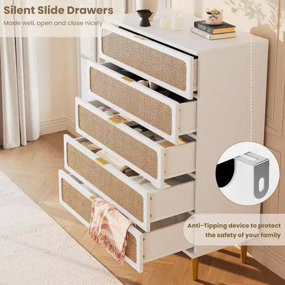 Commode haute en rotin à 5 tiroirs, grand chiffonnier, meuble de rangement en bois sur pied pour chambre, placard, salon