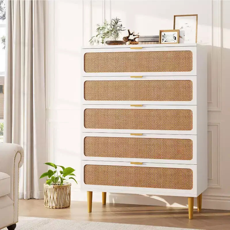 Commode haute en rotin à 5 tiroirs, grand chiffonnier, meuble de rangement en bois sur pied pour chambre, placard, salon