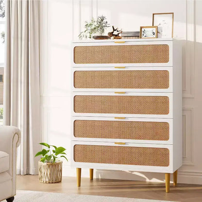 Commode haute en rotin à 5 tiroirs, grand chiffonnier, meuble de rangement en bois sur pied pour chambre, placard, salon