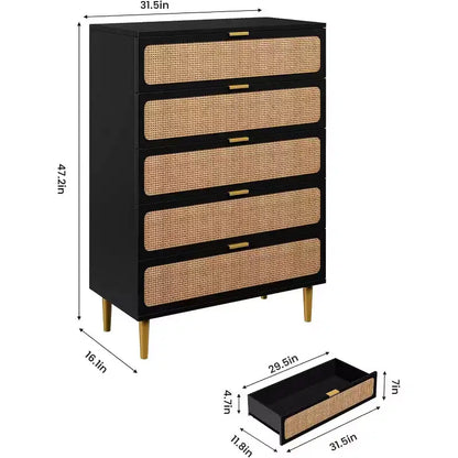 Commode haute en rotin à 5 tiroirs, grand chiffonnier, meuble de rangement en bois sur pied pour chambre, placard, salon