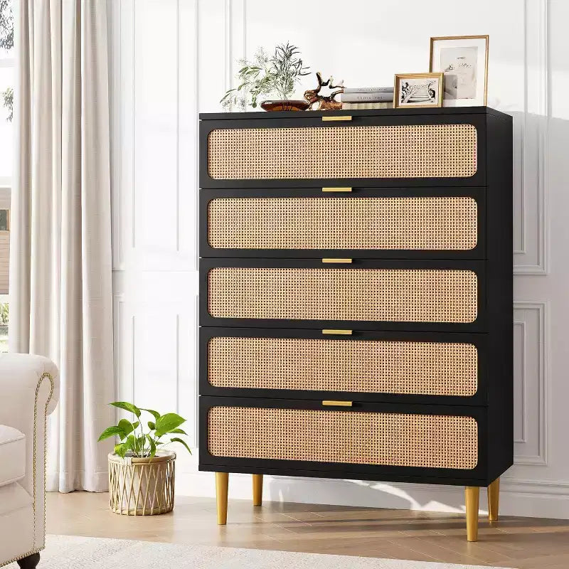 Commode haute en rotin à 5 tiroirs, grand chiffonnier, meuble de rangement en bois sur pied pour chambre, placard, salon