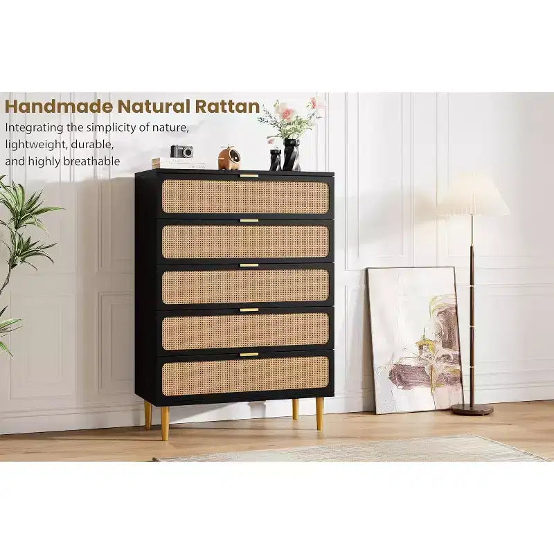 Commode haute en rotin à 5 tiroirs, grand chiffonnier, meuble de rangement en bois sur pied pour chambre, placard, salon