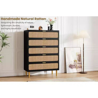 Commode haute en rotin à 5 tiroirs, grand chiffonnier, meuble de rangement en bois sur pied pour chambre, placard, salon