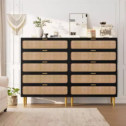 Rattan 5 Drawer Tall Dresser  Deep Storage Chest, Floor Standing Wooden Cabinet for Bedroom, Closet, Living Room