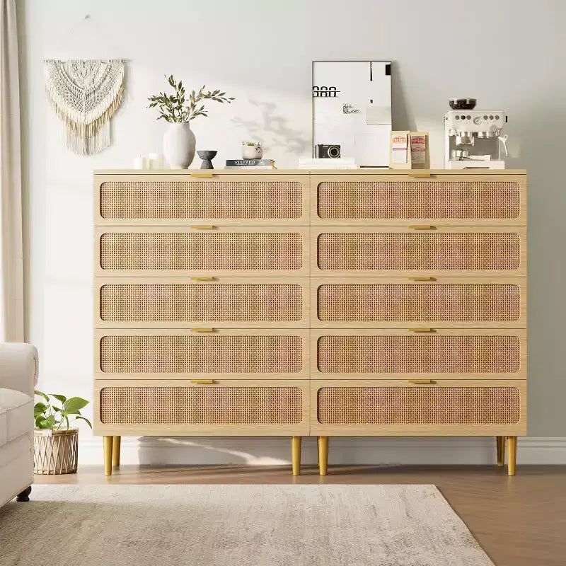 Commode haute en rotin à 5 tiroirs, grand chiffonnier, meuble de rangement en bois sur pied pour chambre, placard, salon