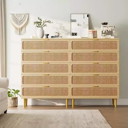 Commode haute en rotin à 5 tiroirs, grand chiffonnier, meuble de rangement en bois sur pied pour chambre, placard, salon