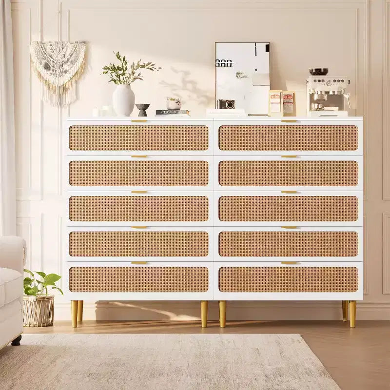 Commode haute en rotin à 5 tiroirs, grand chiffonnier, meuble de rangement en bois sur pied pour chambre, placard, salon