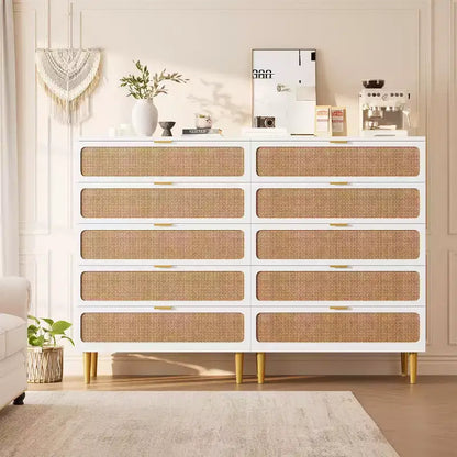 Commode haute en rotin à 5 tiroirs, grand chiffonnier, meuble de rangement en bois sur pied pour chambre, placard, salon