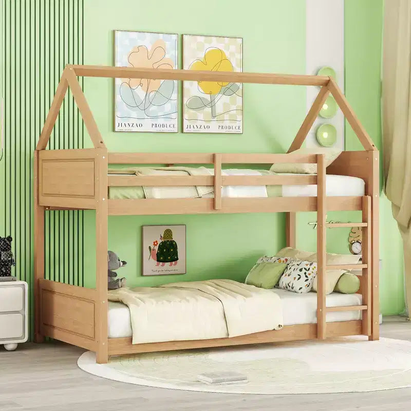 MAYEERTY Twin Rubber Wood Floor BUnk Bed with Ladder, Guardrails, House Shaped Bunk Bed Beige
