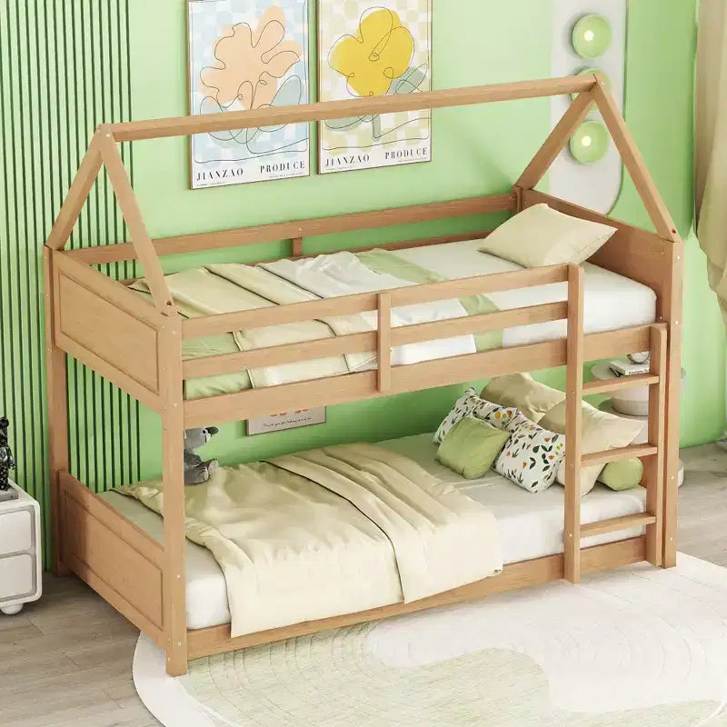 MAYEERTY Twin Rubber Wood Floor BUnk Bed with Ladder, Guardrails, House Shaped Bunk Bed Beige