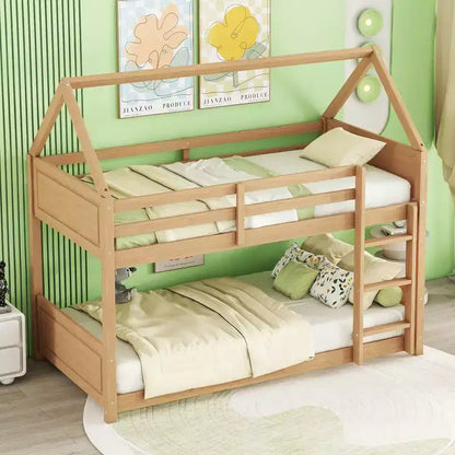 MAYEERTY Twin Rubber Wood Floor BUnk Bed with Ladder, Guardrails, House Shaped Bunk Bed Beige