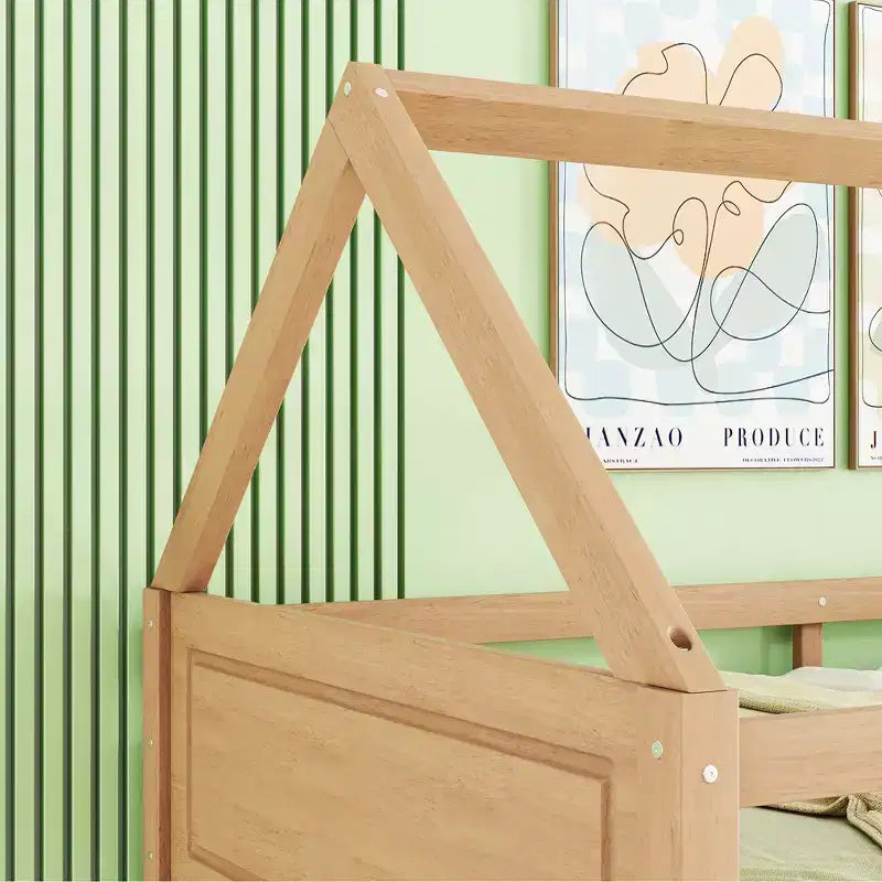 MAYEERTY Twin Rubber Wood Floor BUnk Bed with Ladder, Guardrails, House Shaped Bunk Bed Beige