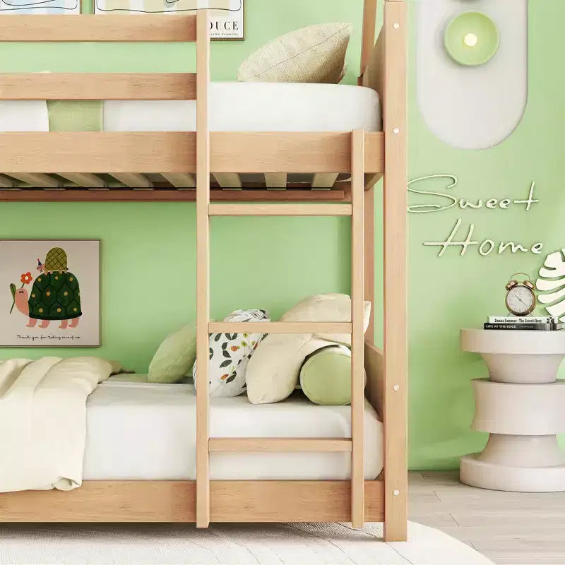 MAYEERTY Twin Rubber Wood Floor BUnk Bed with Ladder, Guardrails, House Shaped Bunk Bed Beige