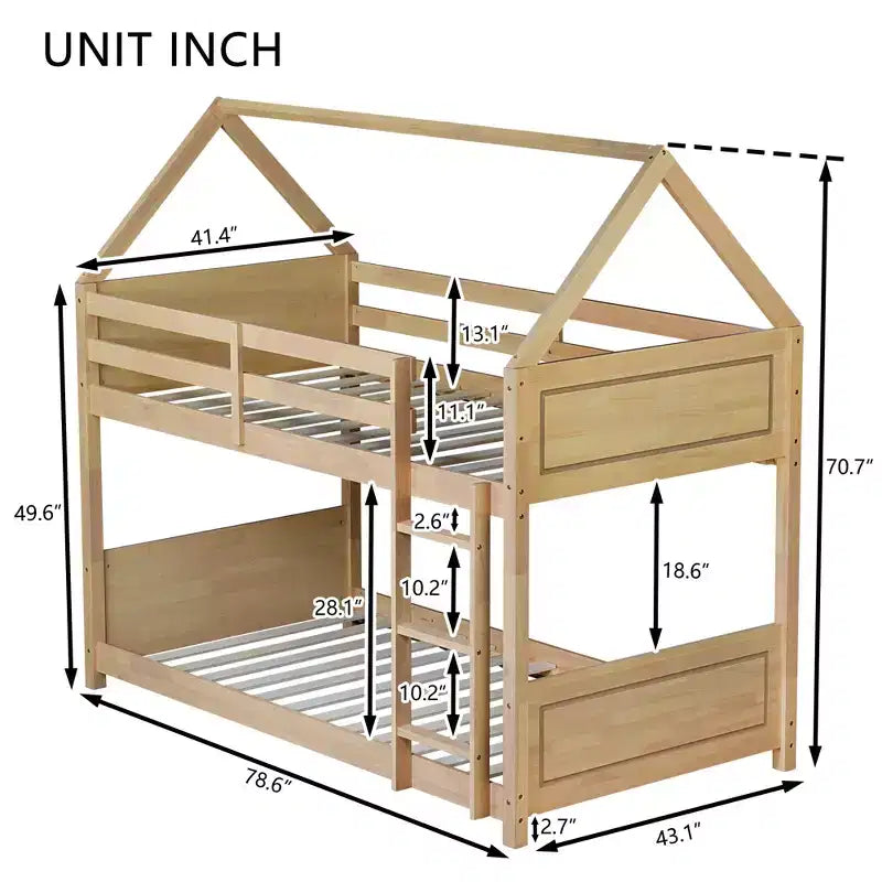 MAYEERTY Twin Rubber Wood Floor BUnk Bed with Ladder, Guardrails, House Shaped Bunk Bed Beige