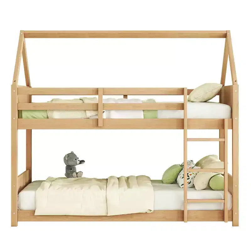 MAYEERTY Twin Rubber Wood Floor BUnk Bed with Ladder, Guardrails, House Shaped Bunk Bed Beige
