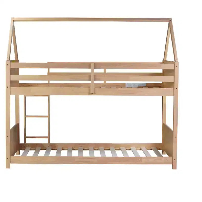 MAYEERTY Twin Rubber Wood Floor BUnk Bed with Ladder, Guardrails, House Shaped Bunk Bed Beige