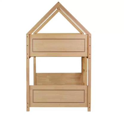 MAYEERTY Twin Rubber Wood Floor BUnk Bed with Ladder, Guardrails, House Shaped Bunk Bed Beige