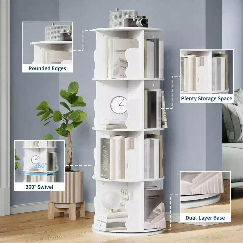 GustoWave Tour de bibliothèque rotative à 4 niveaux, étagère à livres rotative en bois empilable à 360°, présentoir de rangement, bibliothèque rotative sur pied