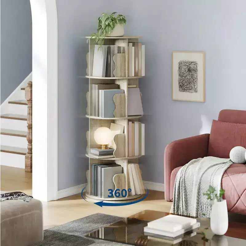 GustoWave Tour de bibliothèque rotative à 4 niveaux, étagère à livres rotative en bois empilable à 360°, présentoir de rangement, bibliothèque rotative sur pied