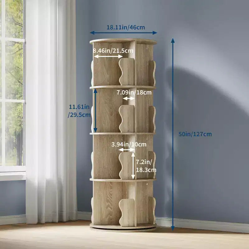 GustoWave Tour de bibliothèque rotative à 4 niveaux, étagère à livres rotative en bois empilable à 360°, présentoir de rangement, bibliothèque rotative sur pied