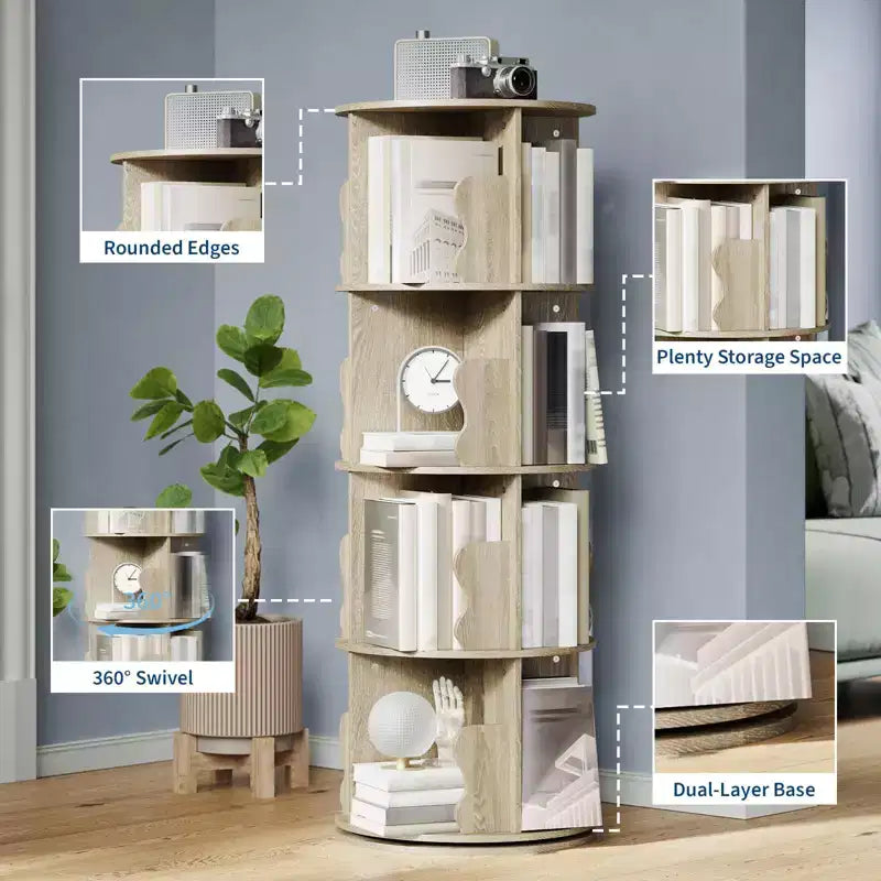 GustoWave Tour de bibliothèque rotative à 4 niveaux, étagère à livres rotative en bois empilable à 360°, présentoir de rangement, bibliothèque rotative sur pied