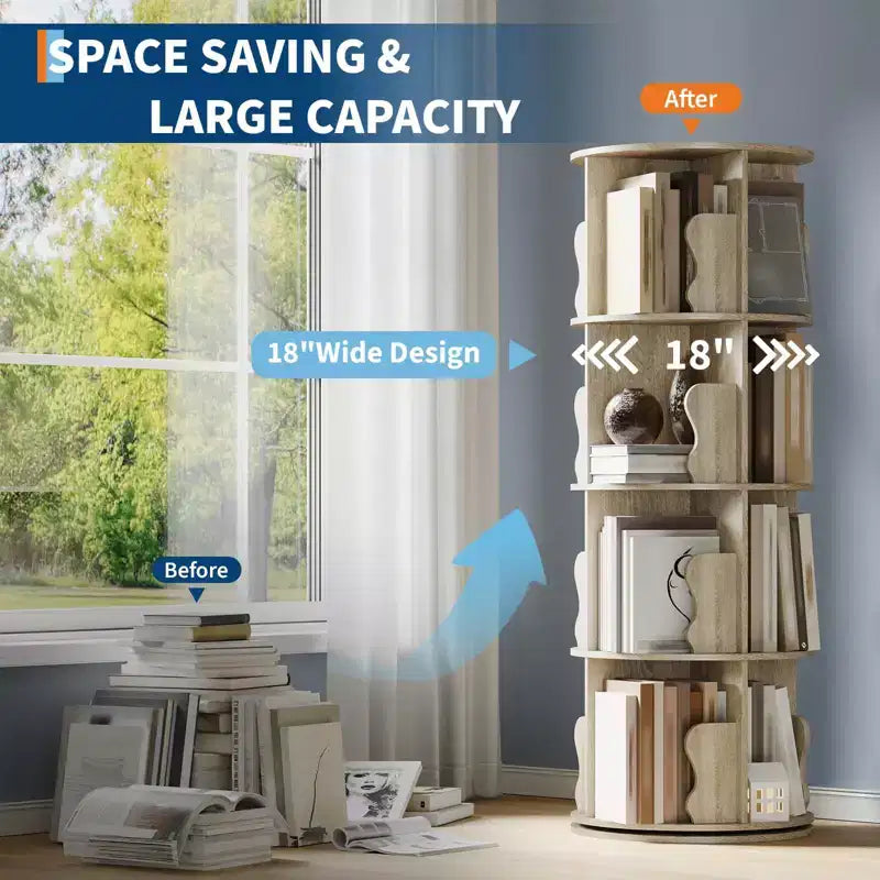 GustoWave Tour de bibliothèque rotative à 4 niveaux, étagère à livres rotative en bois empilable à 360°, présentoir de rangement, bibliothèque rotative sur pied