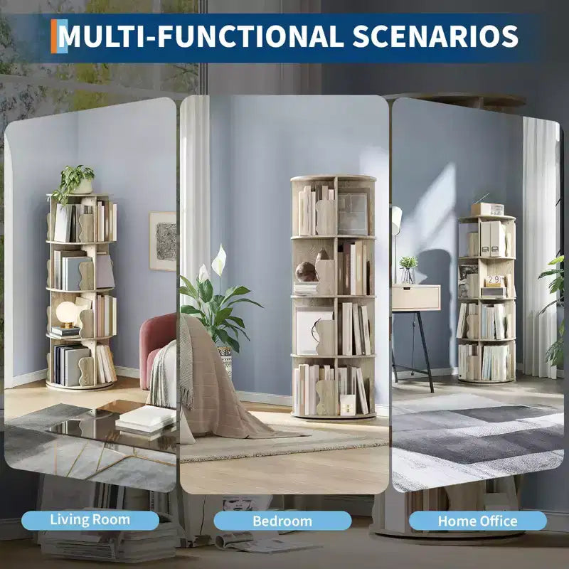 GustoWave Tour de bibliothèque rotative à 4 niveaux, étagère à livres rotative en bois empilable à 360°, présentoir de rangement, bibliothèque rotative sur pied