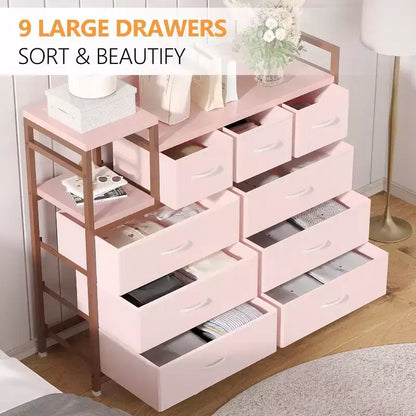 9-Drawer Storage Dresser - Steel/MDF Frame with Charging Station, 3-Size Drawers for Bedroom/Living Room