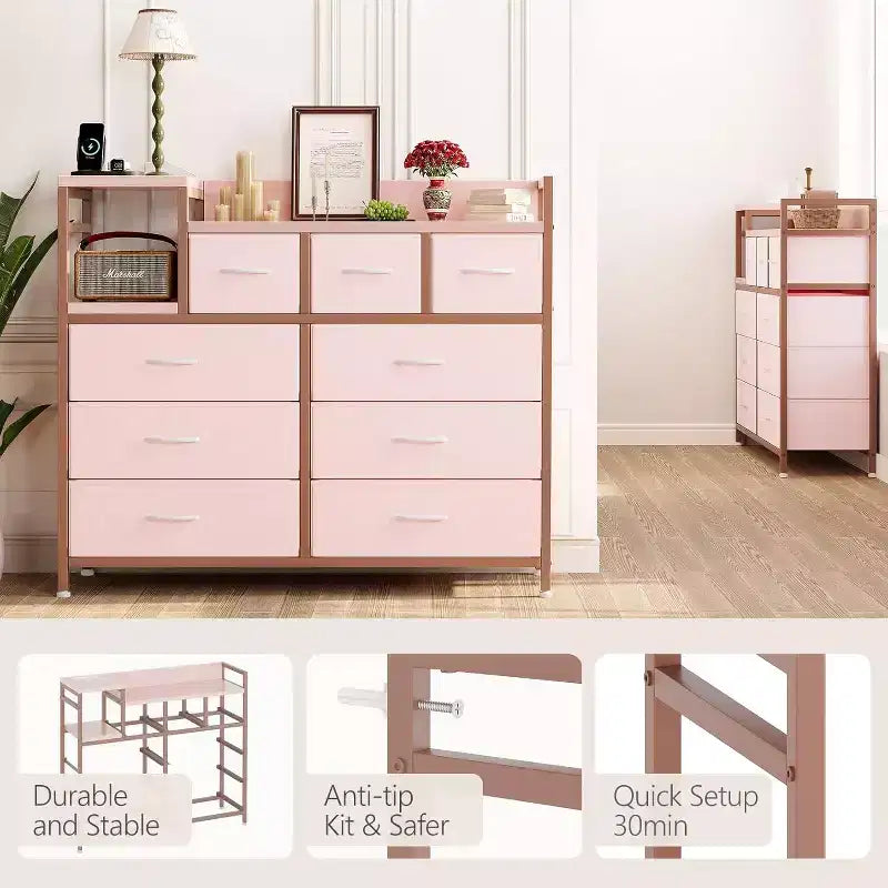 9-Drawer Storage Dresser - Steel/MDF Frame with Charging Station, 3-Size Drawers for Bedroom/Living Room