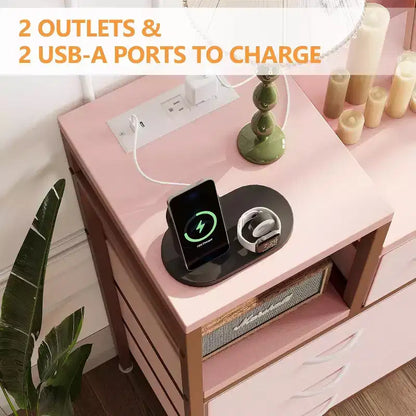 9-Drawer Storage Dresser - Steel/MDF Frame with Charging Station, 3-Size Drawers for Bedroom/Living Room