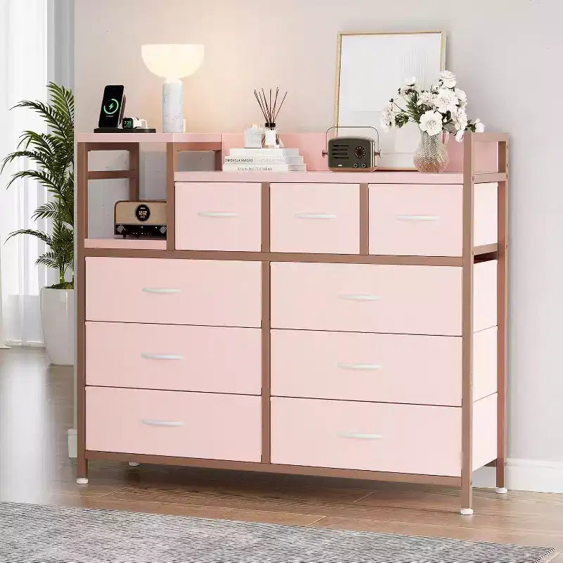 9-Drawer Storage Dresser - Steel/MDF Frame with Charging Station, 3-Size Drawers for Bedroom/Living Room