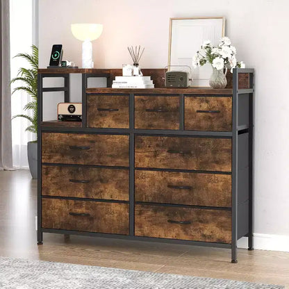 9-Drawer Storage Dresser - Steel/MDF Frame with Charging Station, 3-Size Drawers for Bedroom/Living Room