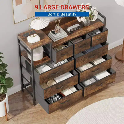 9-Drawer Storage Dresser - Steel/MDF Frame with Charging Station, 3-Size Drawers for Bedroom/Living Room