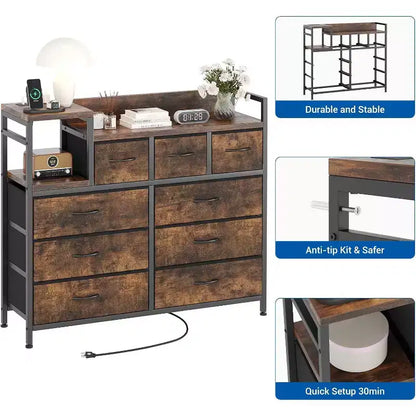 9-Drawer Storage Dresser - Steel/MDF Frame with Charging Station, 3-Size Drawers for Bedroom/Living Room