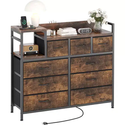 9-Drawer Storage Dresser - Steel/MDF Frame with Charging Station, 3-Size Drawers for Bedroom/Living Room