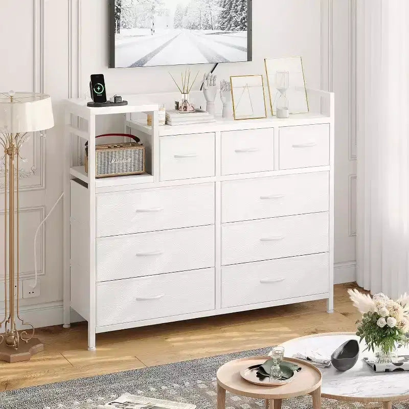 9-Drawer Storage Dresser - Steel/MDF Frame with Charging Station, 3-Size Drawers for Bedroom/Living Room