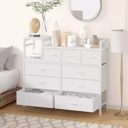 9-Drawer Storage Dresser - Steel/MDF Frame with Charging Station, 3-Size Drawers for Bedroom/Living Room