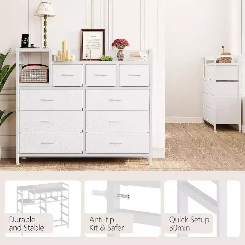 9-Drawer Storage Dresser - Steel/MDF Frame with Charging Station, 3-Size Drawers for Bedroom/Living Room