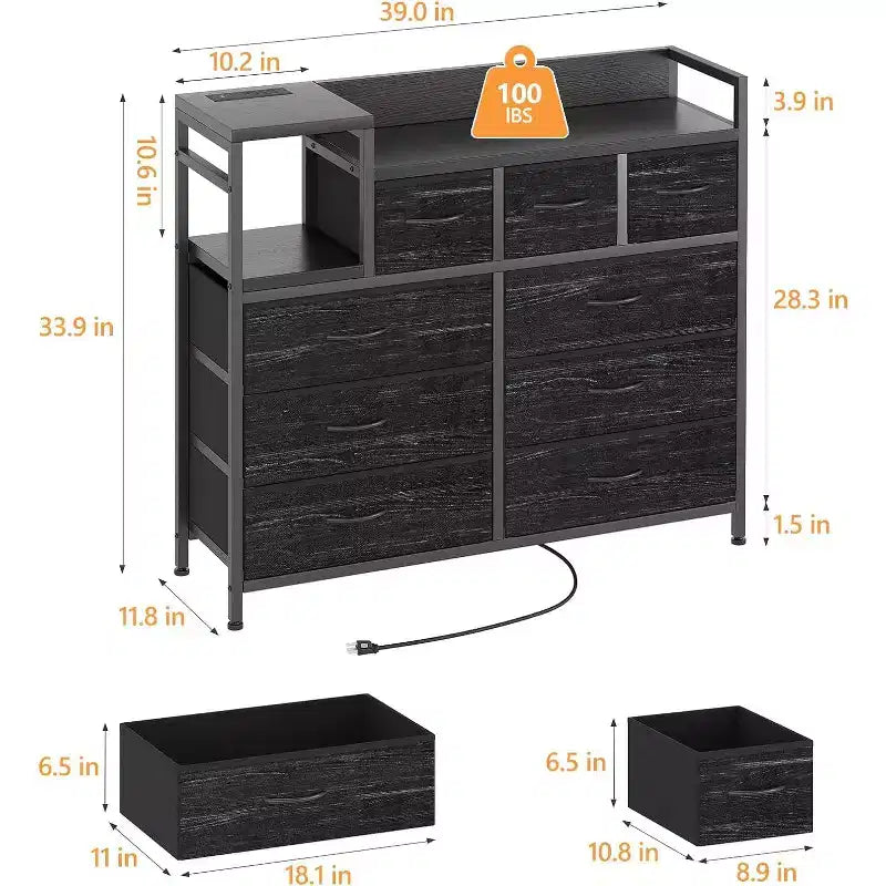 9-Drawer Storage Dresser - Steel/MDF Frame with Charging Station, 3-Size Drawers for Bedroom/Living Room