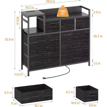 9-Drawer Storage Dresser - Steel/MDF Frame with Charging Station, 3-Size Drawers for Bedroom/Living Room